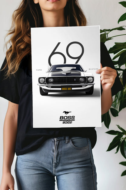 WHITE FORD MUSTANG BOSS | VINTAGE CAR #2 | CAR POSTERS